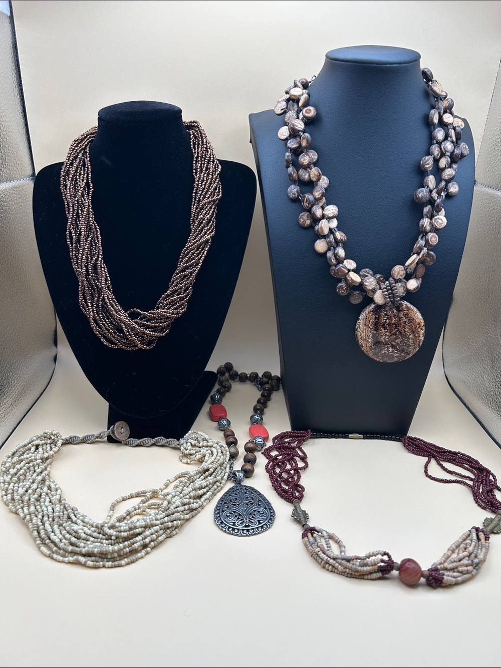 Boho beaded necklace bundle . 5 boho style necklaces made of wood,beads, metals
